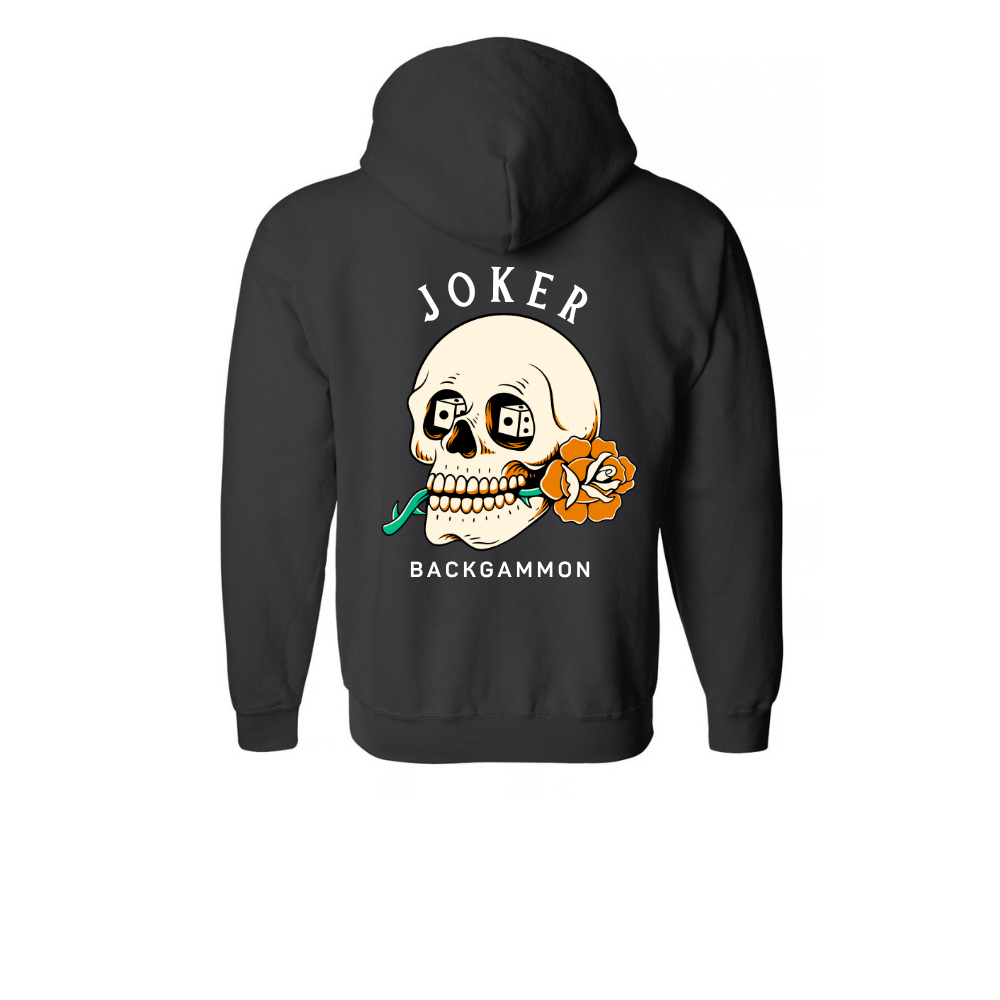 A black pullover hoodie shown from the back, featuring a large graphic print of a skull with a rose and the text 'JOKER BACKGAMMON'.