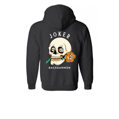 A black pullover hoodie shown from the back, featuring a large graphic print of a skull with a rose and the text 'JOKER BACKGAMMON'.