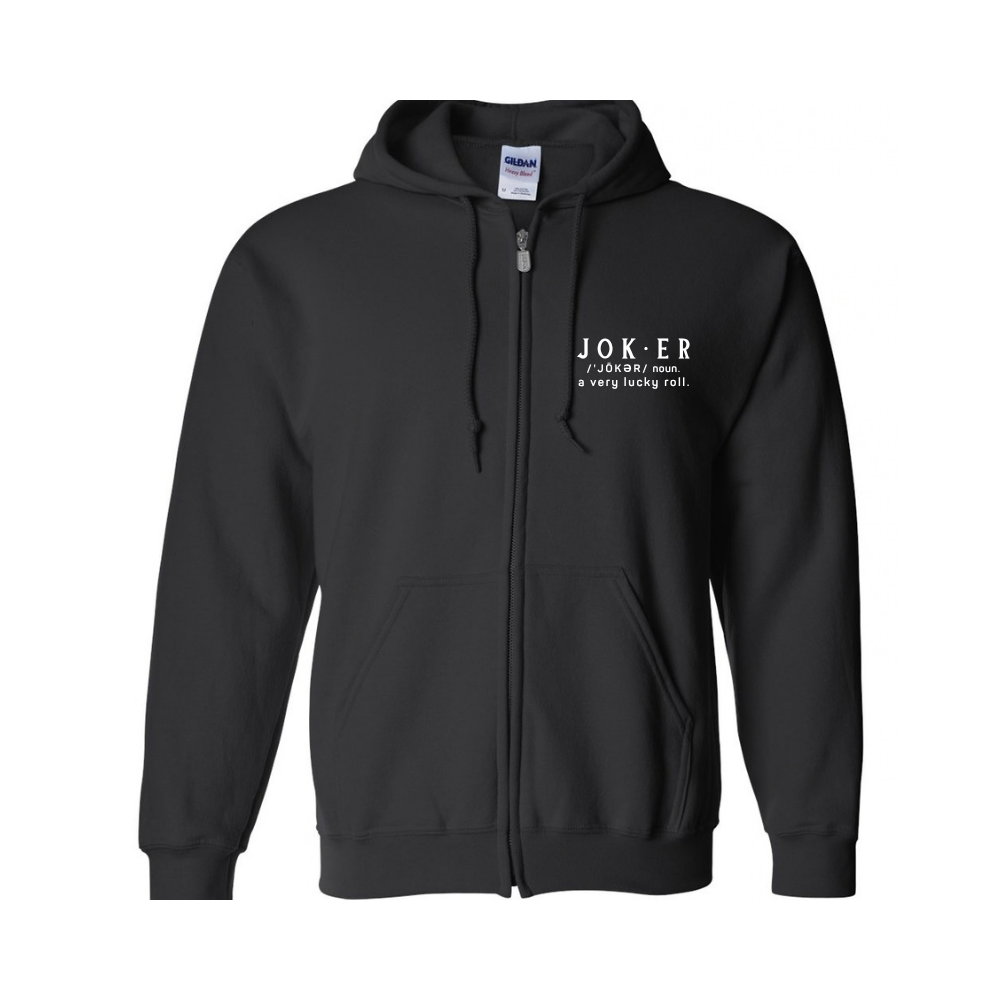 A black zip-up hoodie with a white printed graphic on the left chest that reads 'JOKER if a joker meets a very busy man.' on a plain white background.