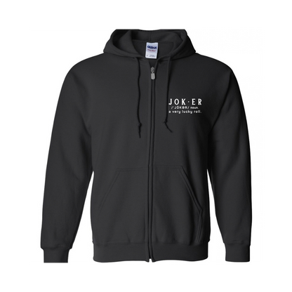 A black zip-up hoodie with a white printed graphic on the left chest that reads 'JOKER if a joker meets a very busy man.' on a plain white background.