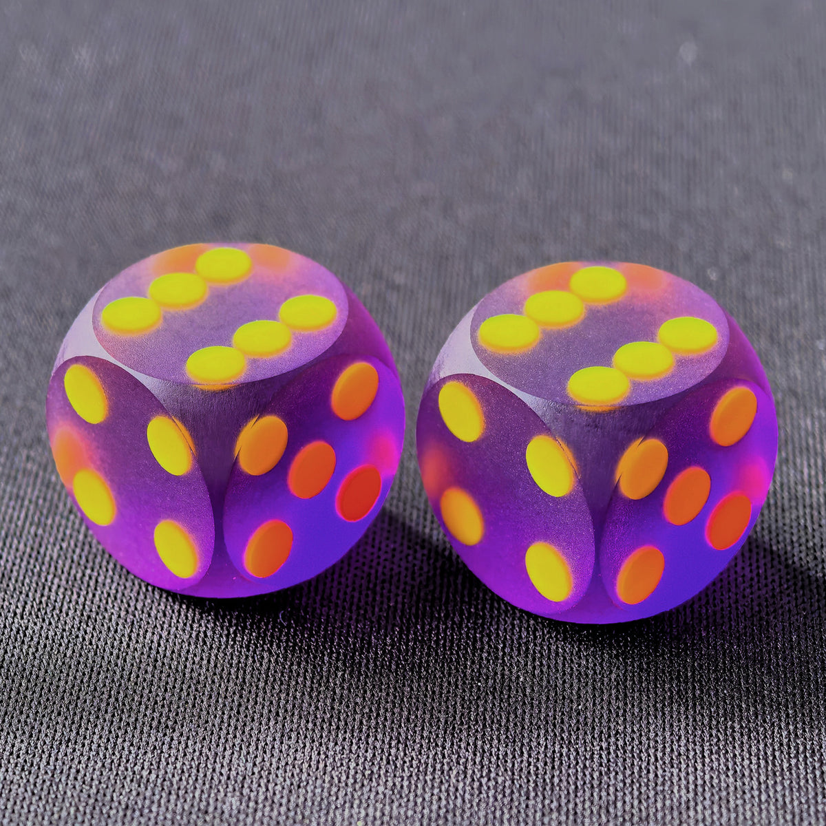 Non-glare translucent purple dice with bright yellow pips